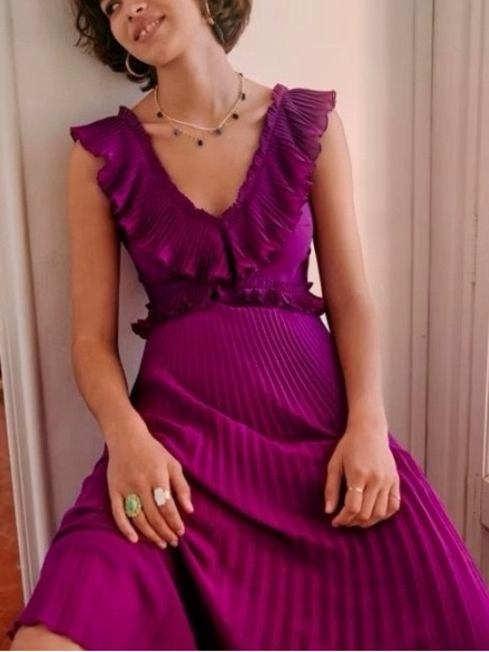 Sezane Rachelle Midi Dress Violet Magenta Accordion Pleated V-Neck Ruffle - Picture 2 of 13